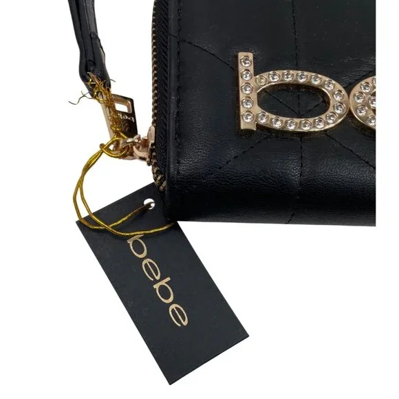 Bebe Black Quilted Wristlet Wallet With Gold Rhinestone Logo Zip Closure & Strap - Picture 5 of 11